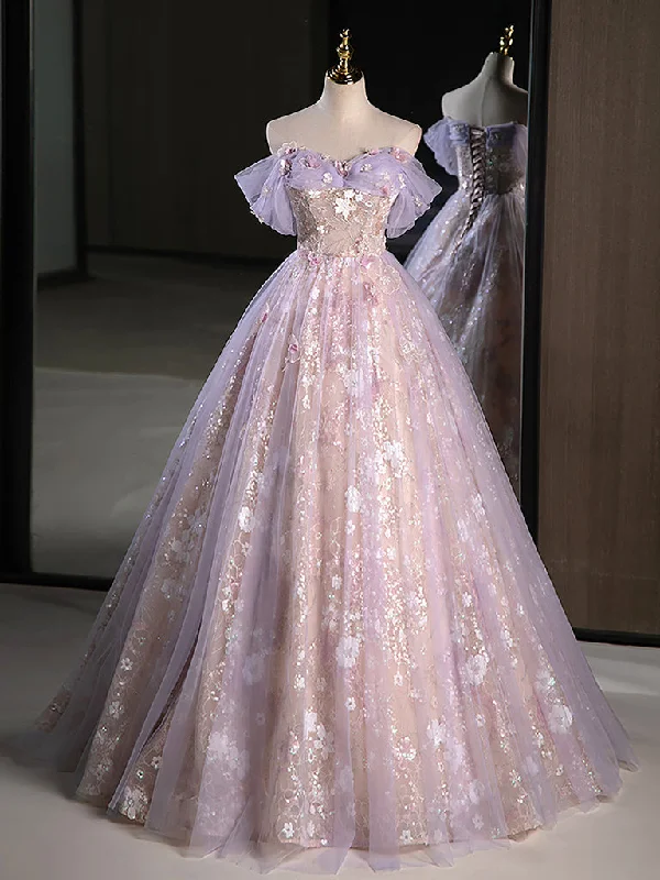 A-Line Tulle Purple Lace Long Prom Dress, Purple Long Sweet 16 Dress