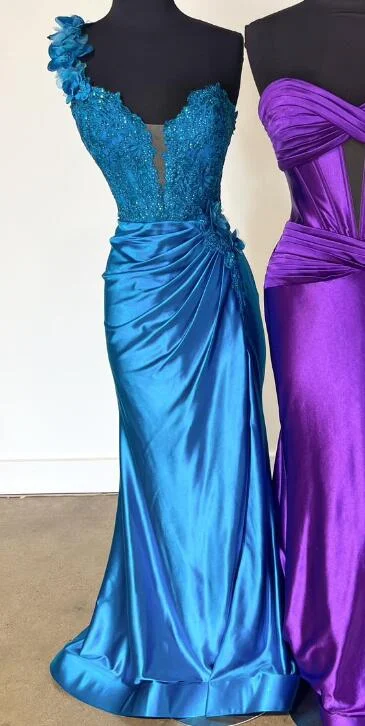 One Shoulder Satin Mermaid Long Prom Dress with Lace Top
