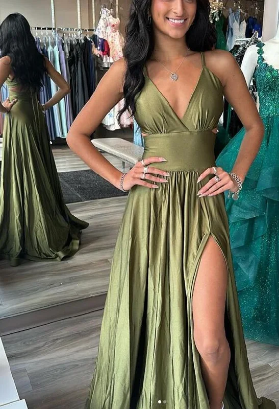Straps V-neck A-line Long Prom Dress