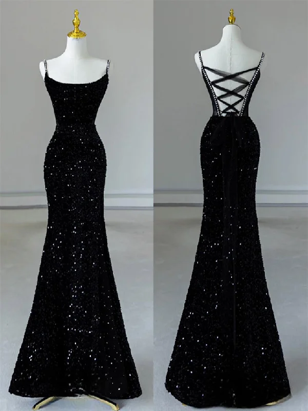 Simple Mermaid Velvet Sequin Black Long Prom Dress, Black Evening Dress
