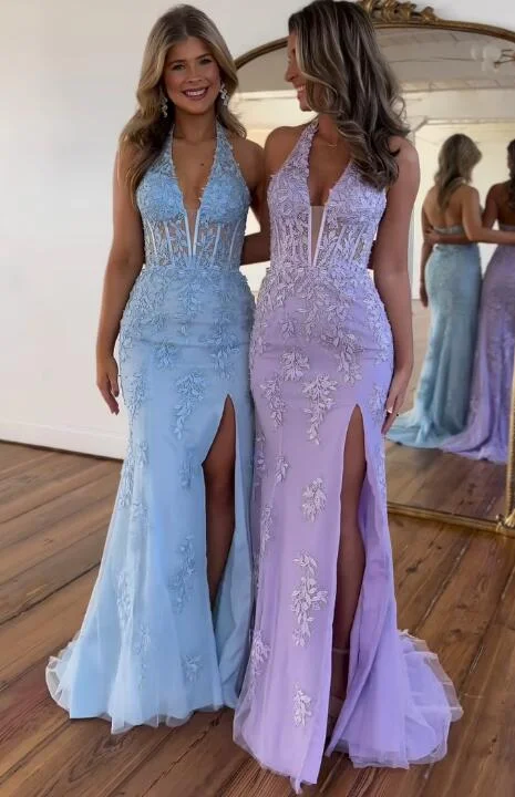 Halter Neck Leaf Lace Fitted Long Prom Dress with Skirt Slit