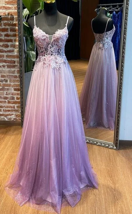 Straps A-line Sparkly Long Prom Dresses with Appliques