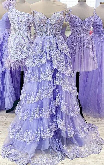 Tulle/Lace Sequins Long Prom Dress with Sheer Corset Bodice and Ruffle Skirt