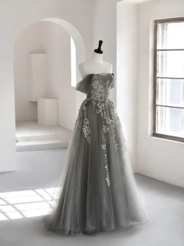 A-Line Off Shoulder Tulle Lace Gray Long Prom Dress, Gray Tulle Lace Formal Dress