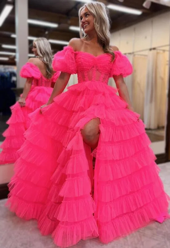 Off the Shoulder Tulle Long Prom Dress with Corset Bodice and Ruffle Skirt