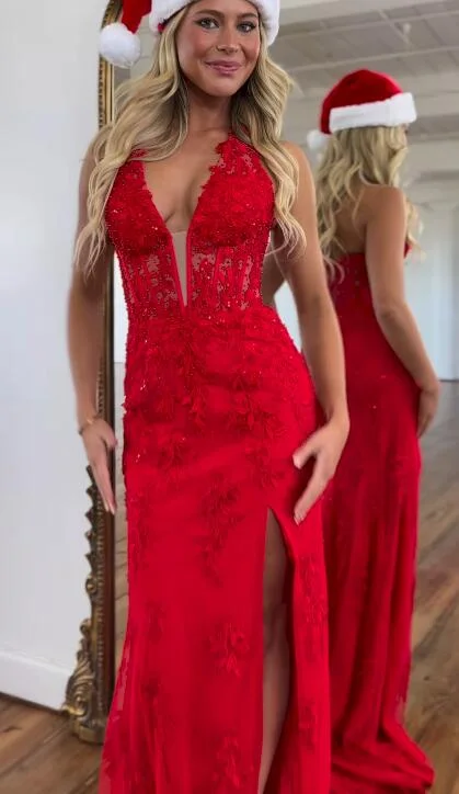 Halter Neck Leaf Lace Mermaid Long Prom Dresses