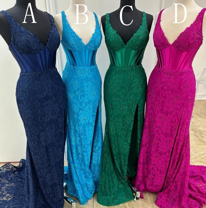 V-neck Fitted Lace Long Prom Dress with Slit