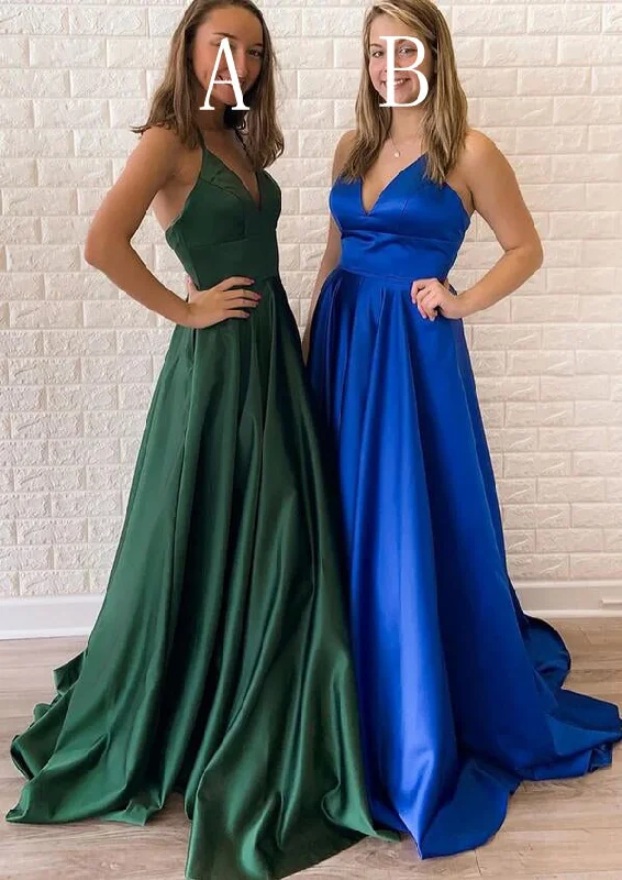 Straps V-neck Satin Long Prom Dress with Slit