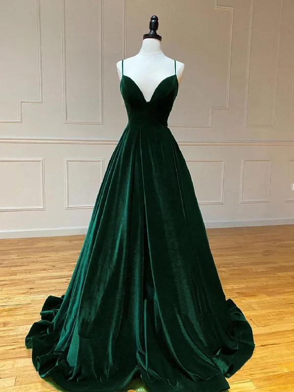 Simple A-Line Velvet Green Long Prom Dress, Green Long Formal Dress