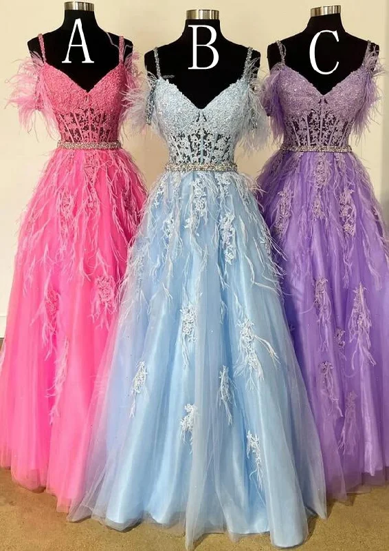 Straps Tulle/Lace Long Prom Dress with Feather and Sheer Corset Bodice