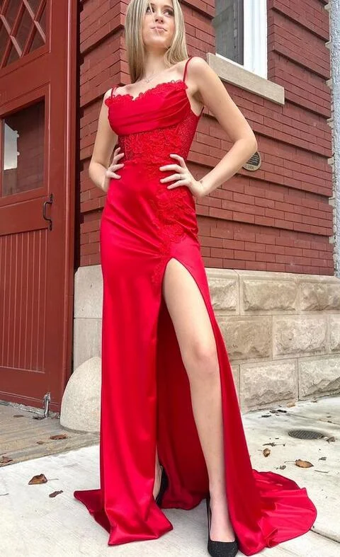 Straps Red Mermaid Long Prom Dress with Slit