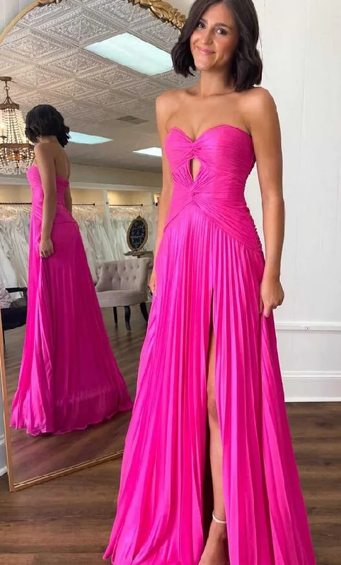 Strapless Pleated Long Prom Dress with Keyhole
