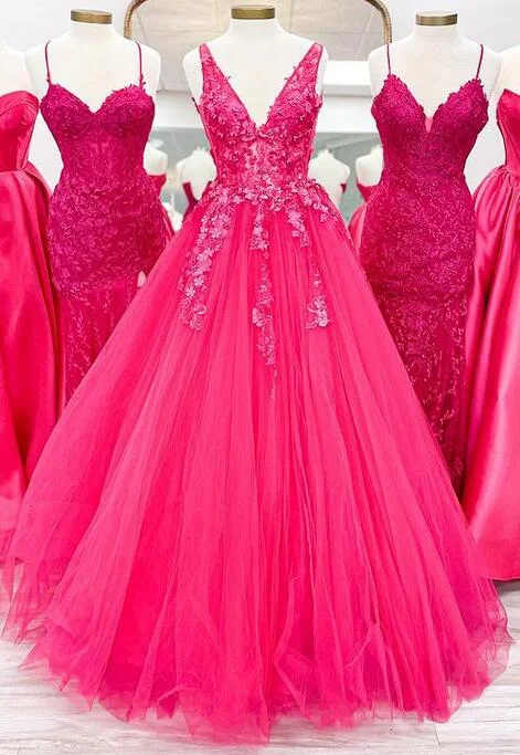 V-neck Tulle Long Prom Dresses with Appliques