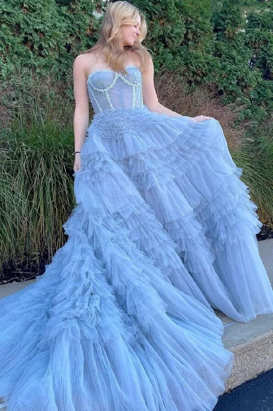 Princess Periwinkle Strapless Tiered Long Prom Dresses