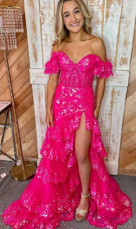 Tulle/Lace Sequins Long Prom Dress with Sheer Corset Bodice and Ruffle Skirt