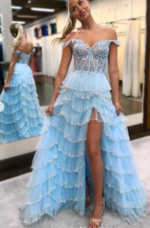 Lace Corset Beaded Long Prom Dress with Ruffle Tulle Skirt Slit