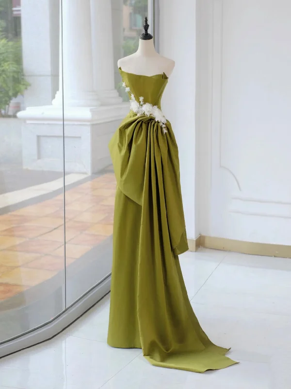 Unique Satin Flower Green Long prom Dress, Green Long Formal Dress