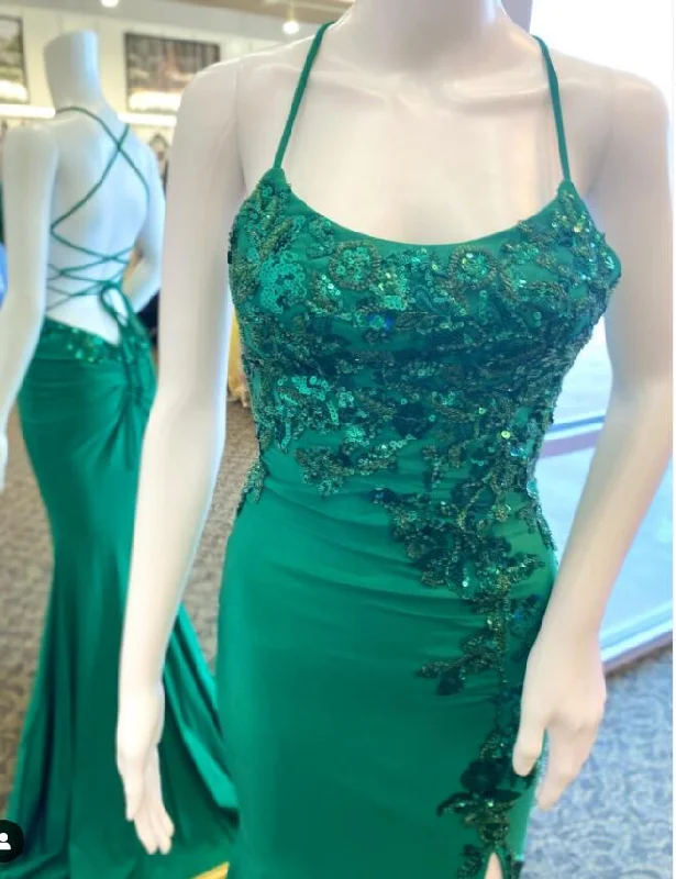 Straps Mermaid Long Prom Dress with Sequins Lace