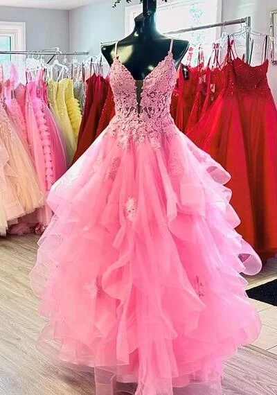 Straps Ball Gown Long Prom Dress with Lace Top and Ruffle Skirt