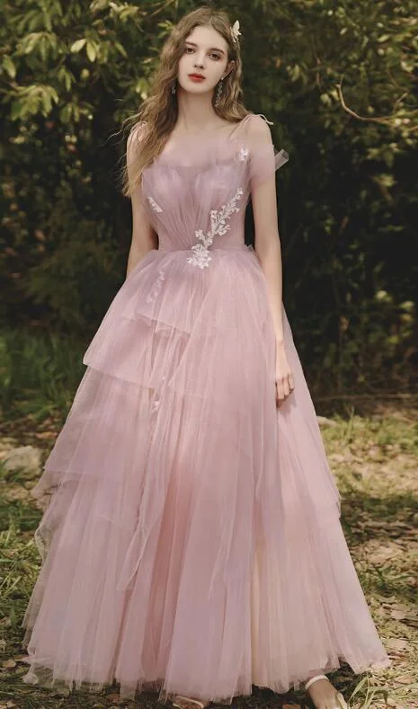 A-line Tulle  Long Prom Dress