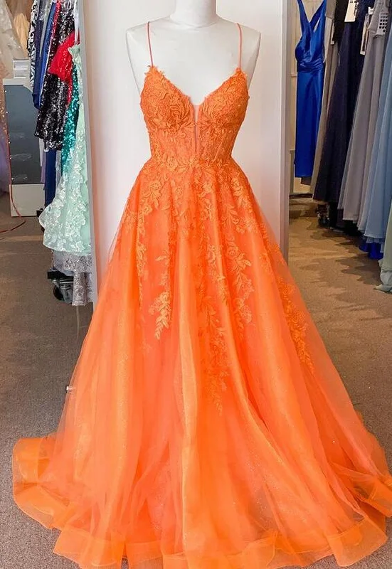 Orange Straps Lace/Tulle Long Prom Dress