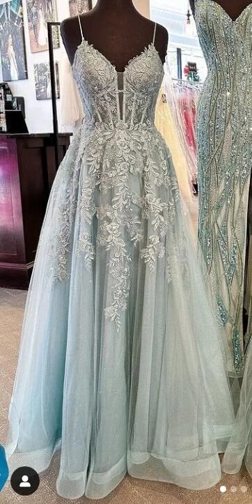 Straps Sparkly Tulle/Lace Long Prom Dress with Slit