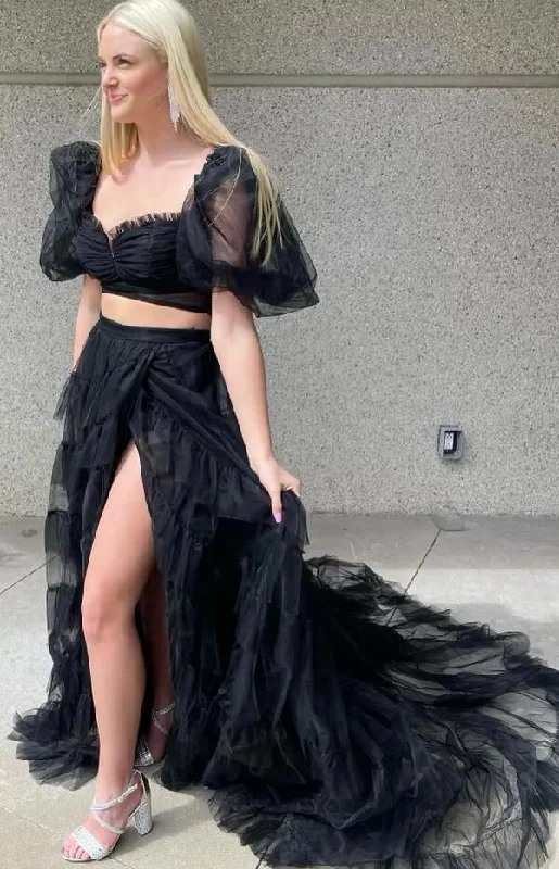 Two Pieces Long Prom Dress with Balloon Sleeves and Ruffle Skirt