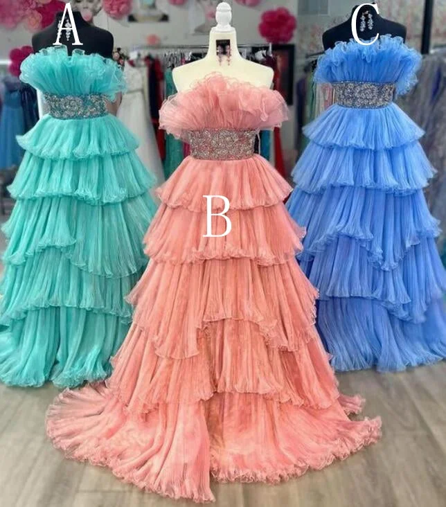Organza Pleated Long Prom Dress with Ruffle Tiered Skirt and Beading