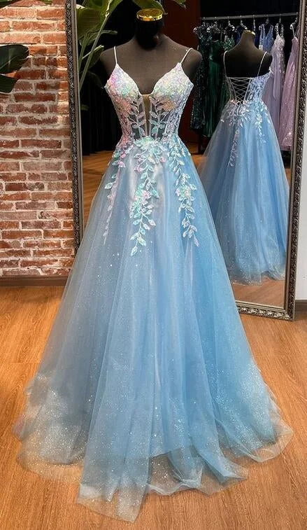 Straps A-line Sparkly Long Prom Dresses