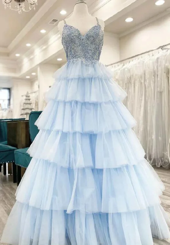 Straps Long Prom Dress with Lace Top and Ruffle Skirt