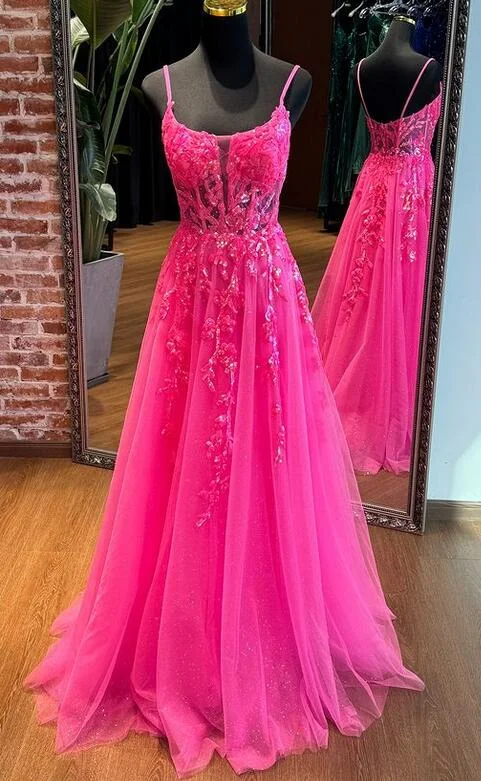 Straps A-line Tulle/lace Long Prom Dresses