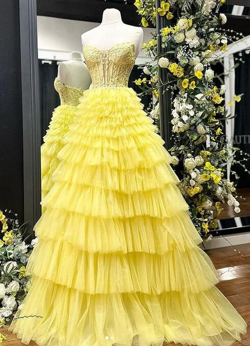 Strapless Tulle Long Prom Dress with Lace Top and Ruffle Skirt