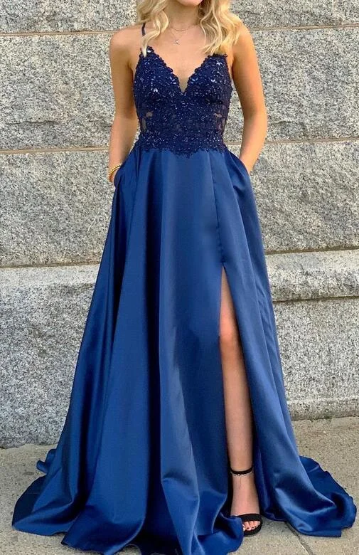 Straps V-neck A-line Satin Long Prom Dress with Lace and Beading top