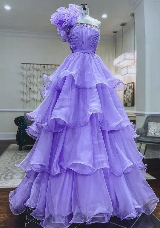 One Shoulder Long Prom Dress with Beadeing Neckline and Ruffle Skirt