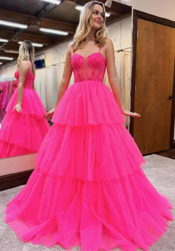 Straps Long Prom Dress with Lace Top and Ruffle Skirt
