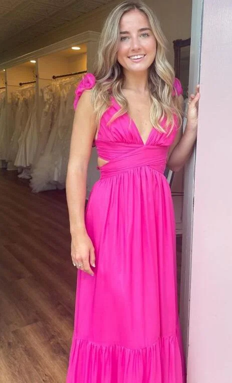 Ruffle Shoulder Plunging V Neck A-line Lace-Up Long Prom Dress