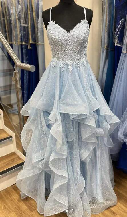 Straps V-neck Ball Gown Long Prom Dress with Lace Bodice