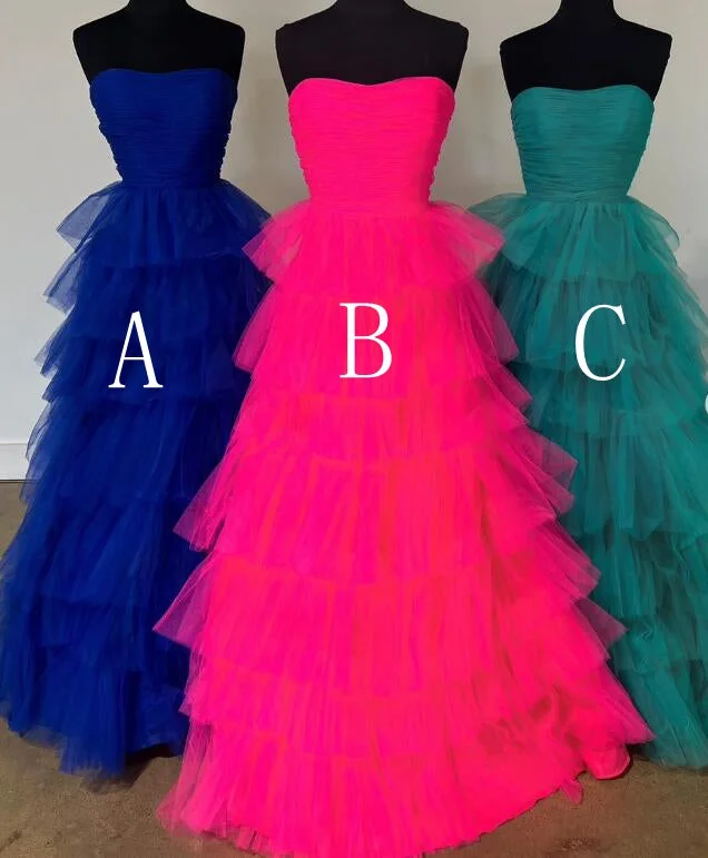 Strapless Ball Gown Tulle Prom Dresses Long with Ruffle Skirt