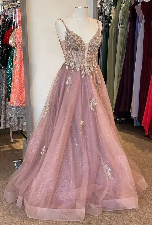 Straps Lace/Tulle Long Prom Dress with Beading