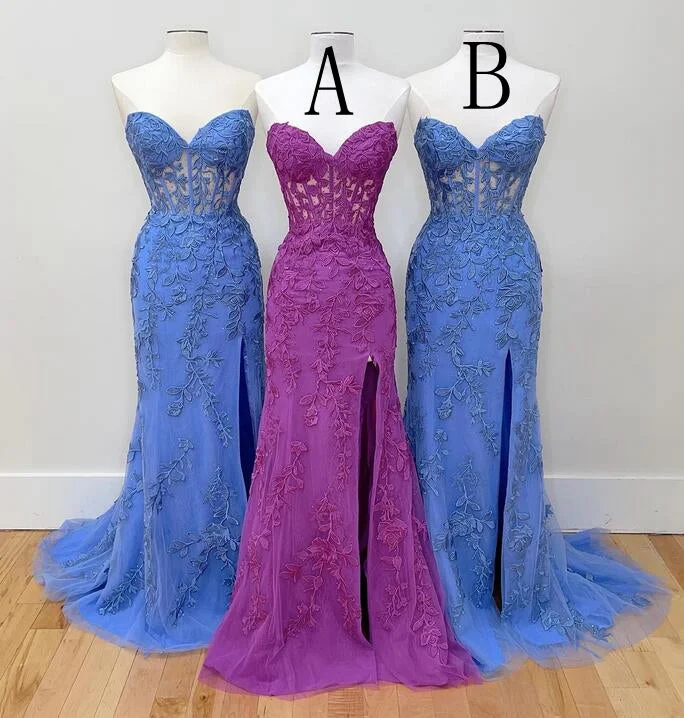 Strapless Leaf Lace Mermaid Long Prom Dress with Slit