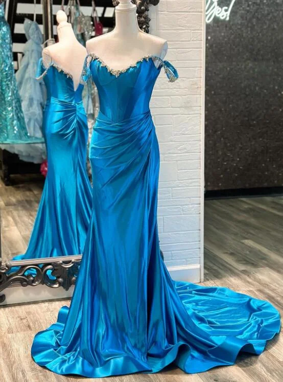 Off the Shoulder Fitted Long Prom Dress with Beaded Neck