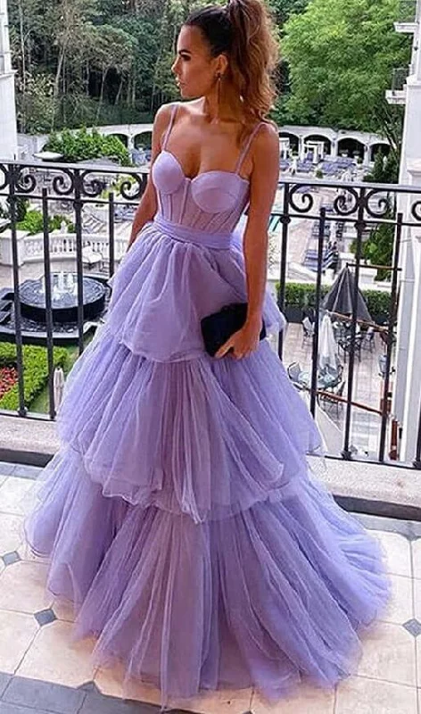 Straps Tulle Long Prom Dresses with Ruffle Skirt