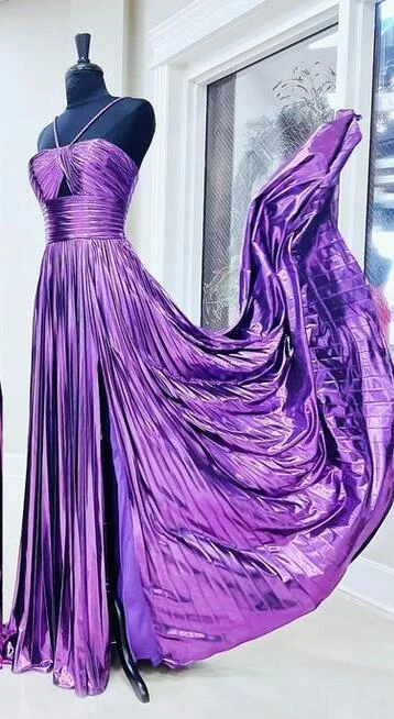 Straps Metallic Pleated Long Prom Dress with Key Hole Bodice and Slit