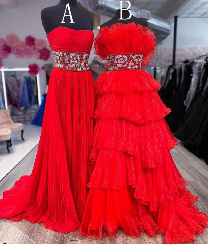 2024 Strapless Red Long Prom Dress with Beading