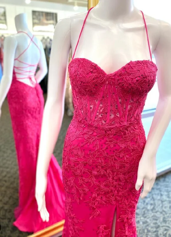 Straps Mermaid Leaf Lace Long Prom Dress with Slit