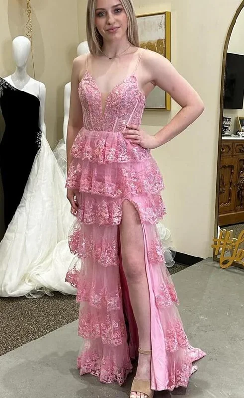 Straps Tulle/Lace Long Prom Dress with Ruffle Skirt