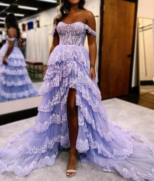Tulle/Lace Sequins Long Prom Dress with Sheer Corset Bodice and Ruffle Skirt