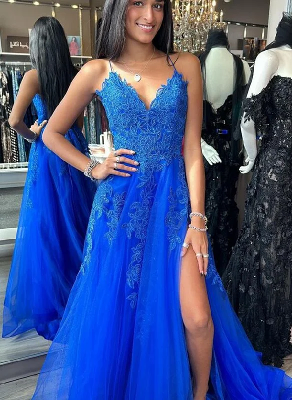 Royal Blue Tulle/Lace Long Prom Dress with Slit