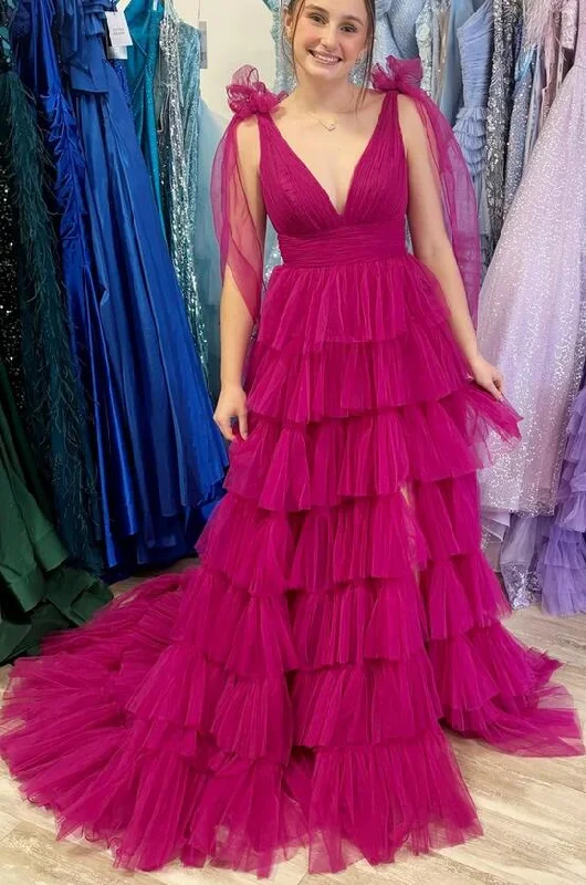 V-neck Tulle Long Prom Dresses with Ruffle Skirt