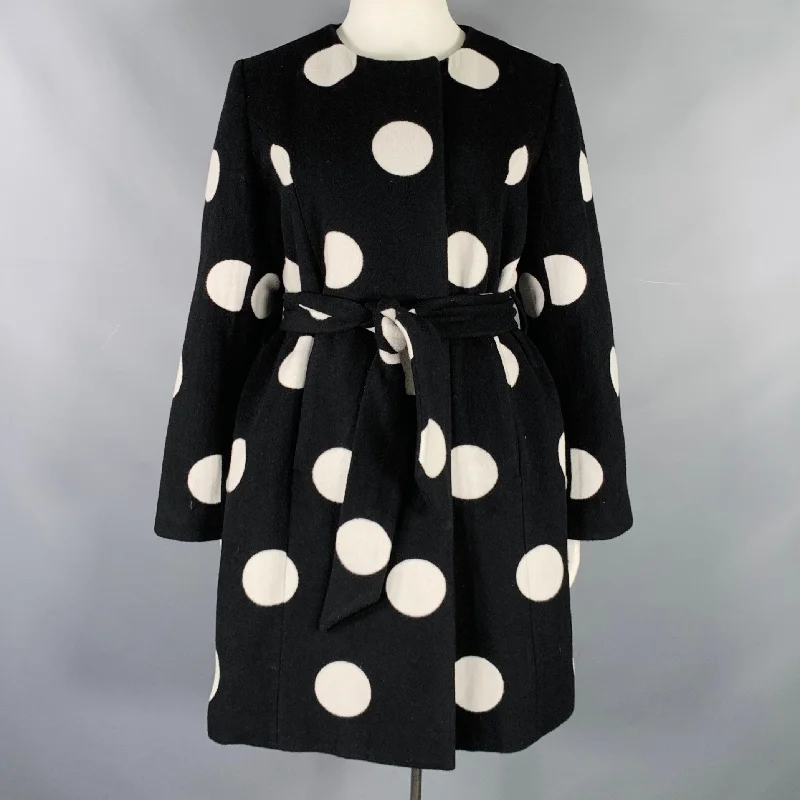 KATE SPADE Size L Black White Wool Blend Polka Dot Collarless Coat